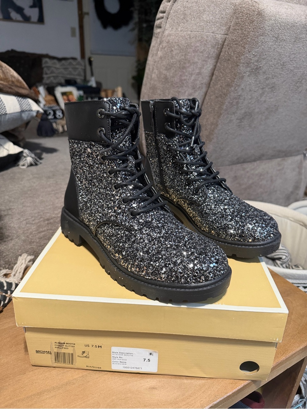 Michael Kors Women's Black Glitter Lace-Up Combat Boots